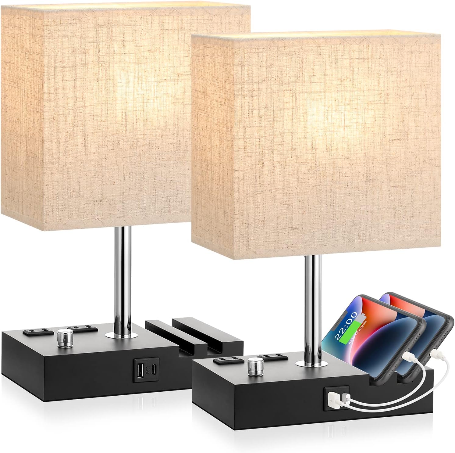 Dimmable Bedside Lamps Set of 2 with USB Ports for Charging