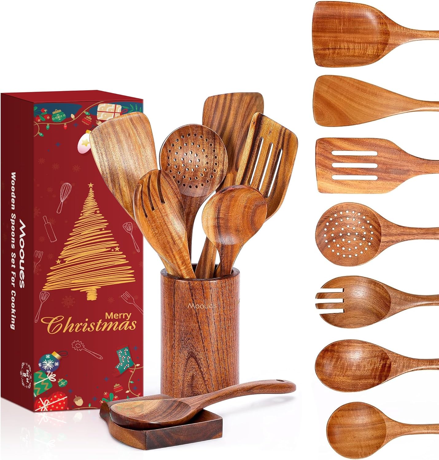 9 PCS Wooden Spoons for Cooking - Natural Teak Utensil Set