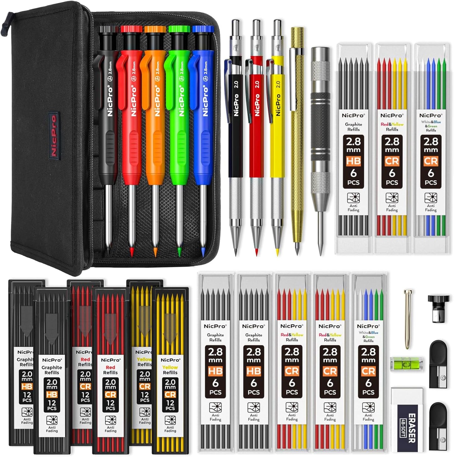 Nicpro Carpenter Pencil Set with Sharpener and Refills for Woodworking
