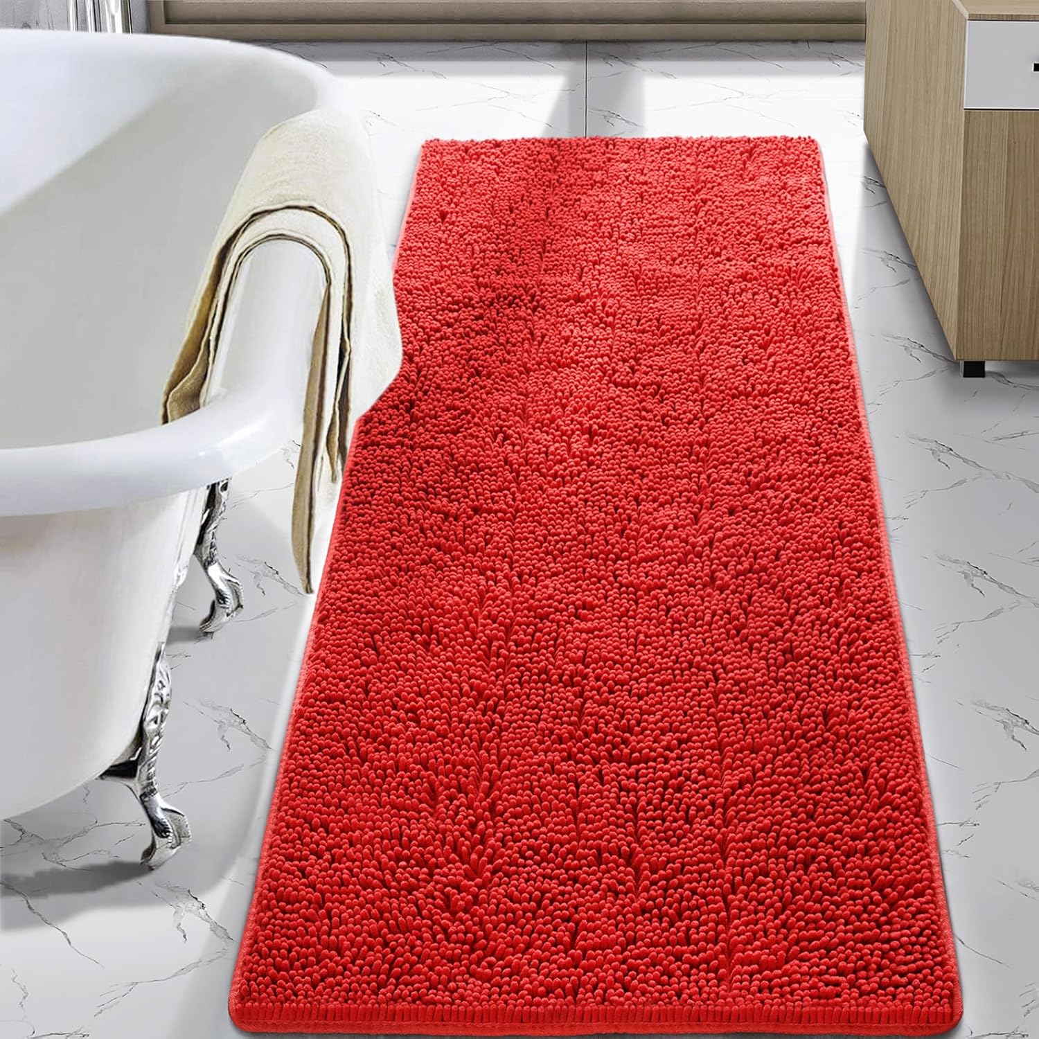 LOCHAS Luxury Bathroom Rug Shaggy Bath Mat 24 x 60 Inch Red