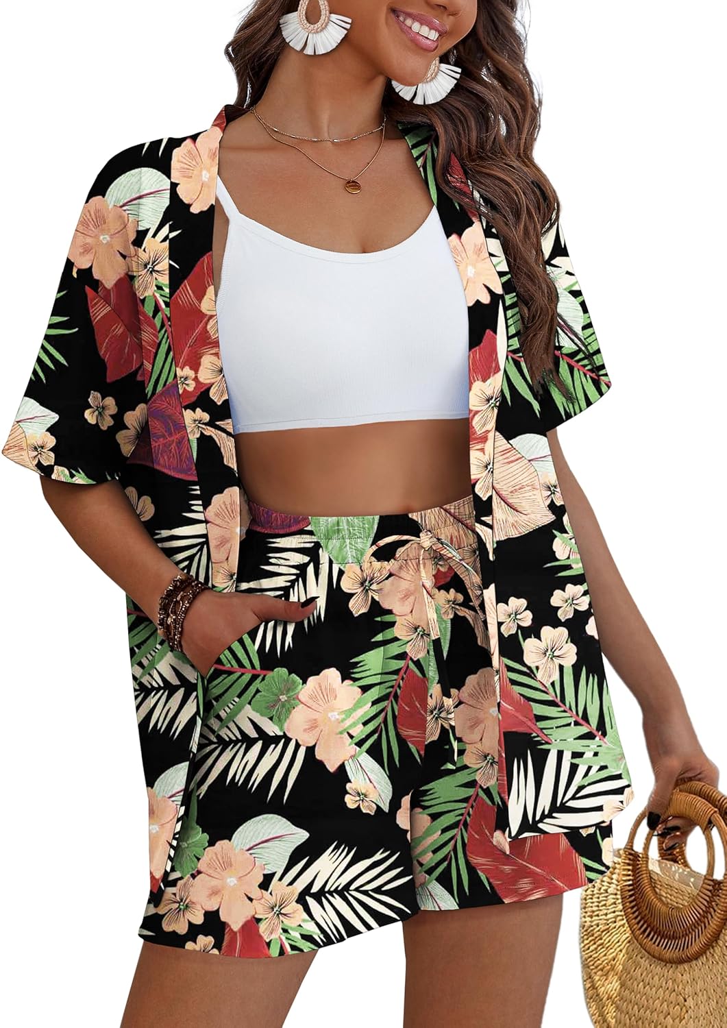 Tropical Print Kimono Style 2 Piece Outfits for Women