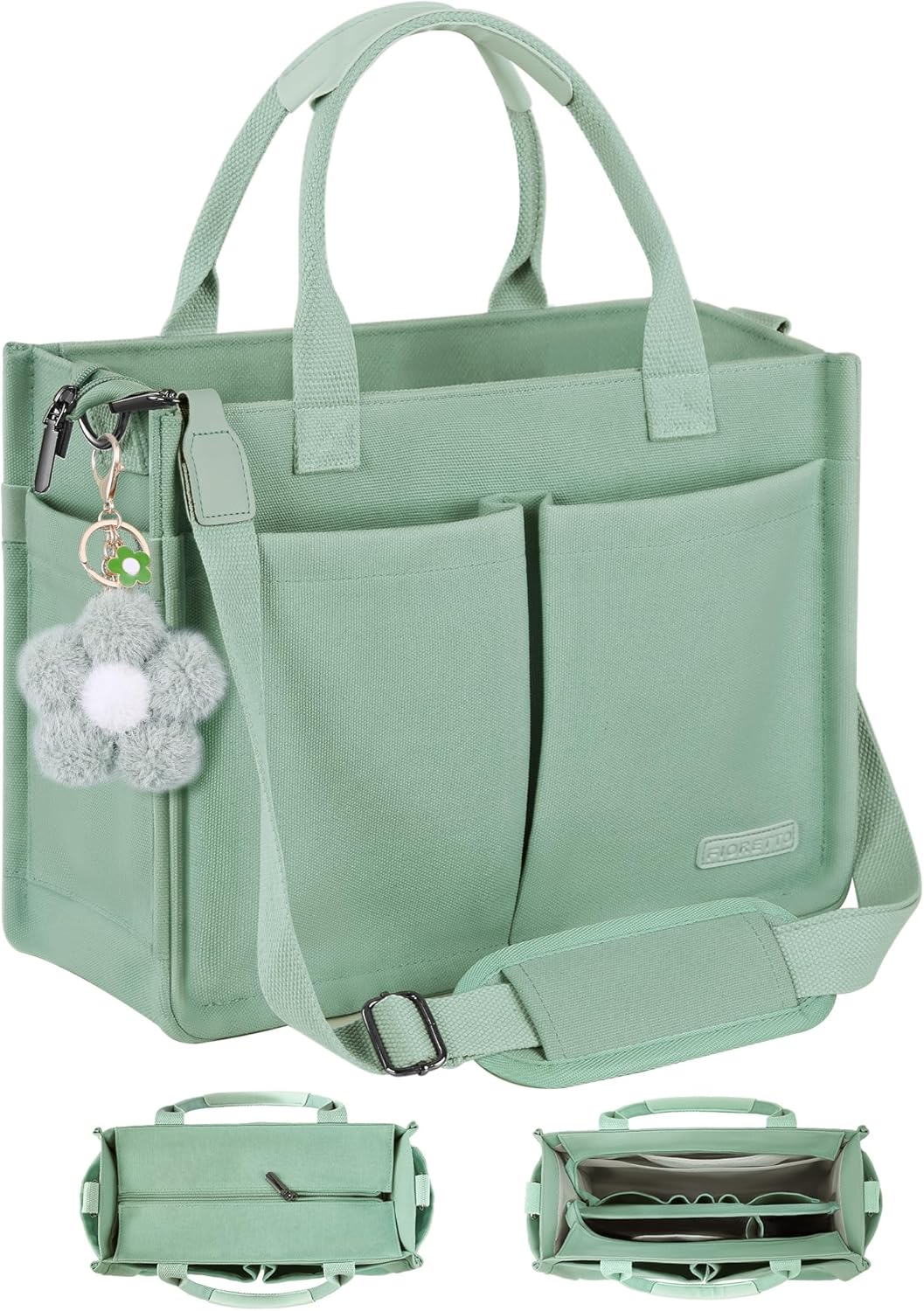 FIORETTO Womens Canvas Tote Bag with Zipper Top & Compartments