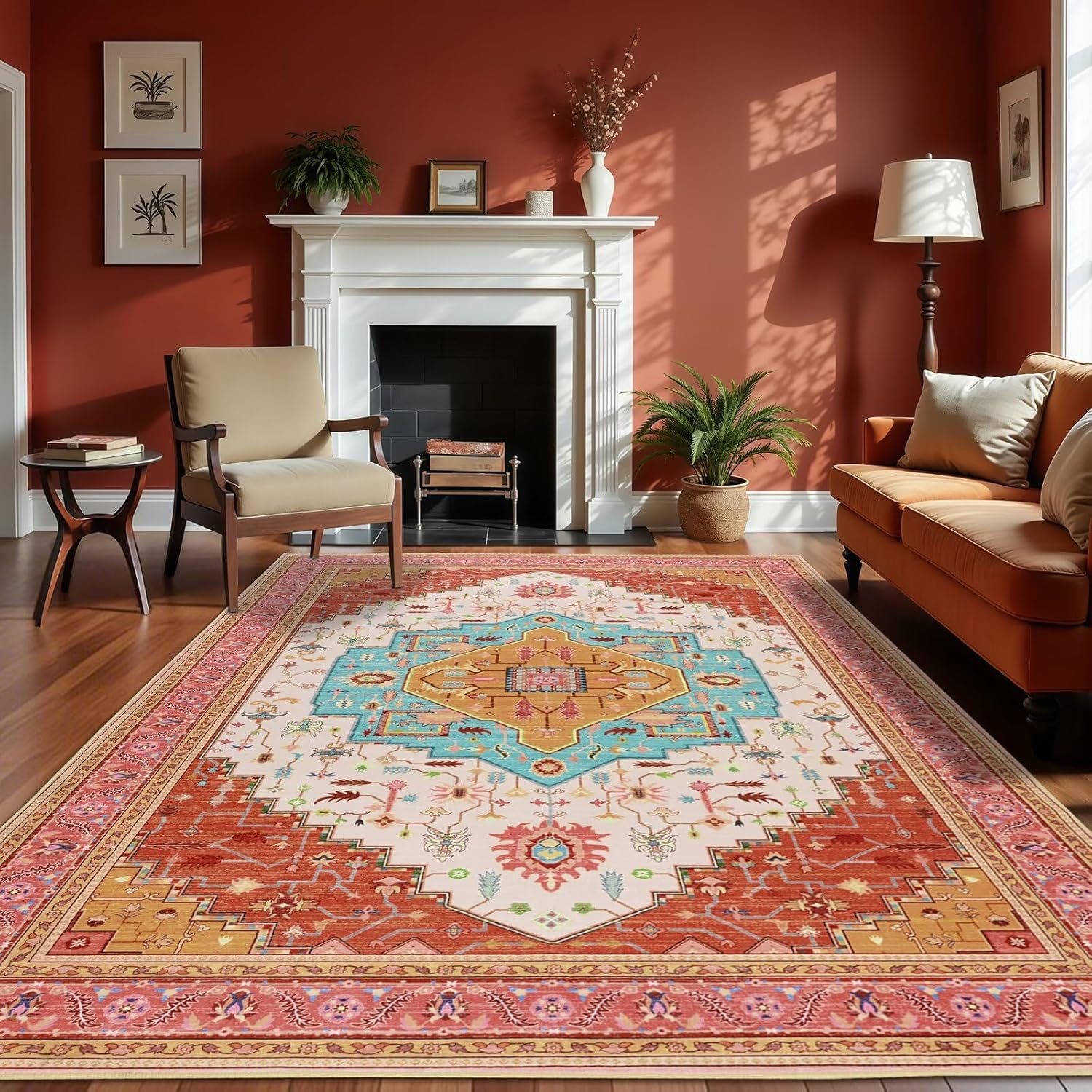 5x7 Orange Pink Area Rug for Living Room with Vintage Charm