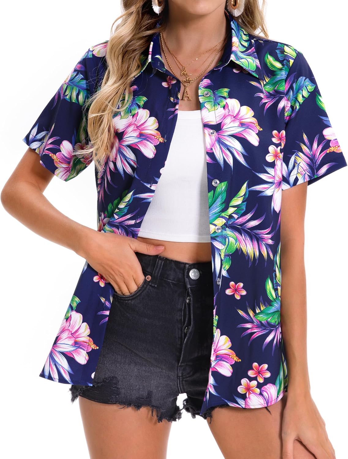Womens Hawaiian Shirt Soft Cool Summer Floral Print V Neck Tops