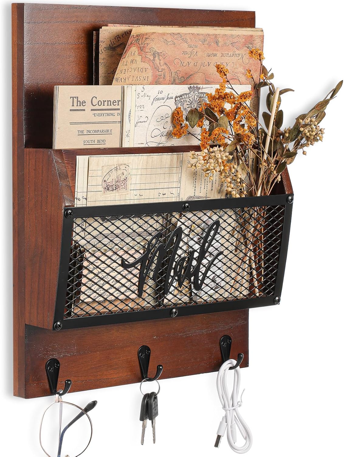Rustic Mail Organizer Wall Mounted with Hooks for Keys and More