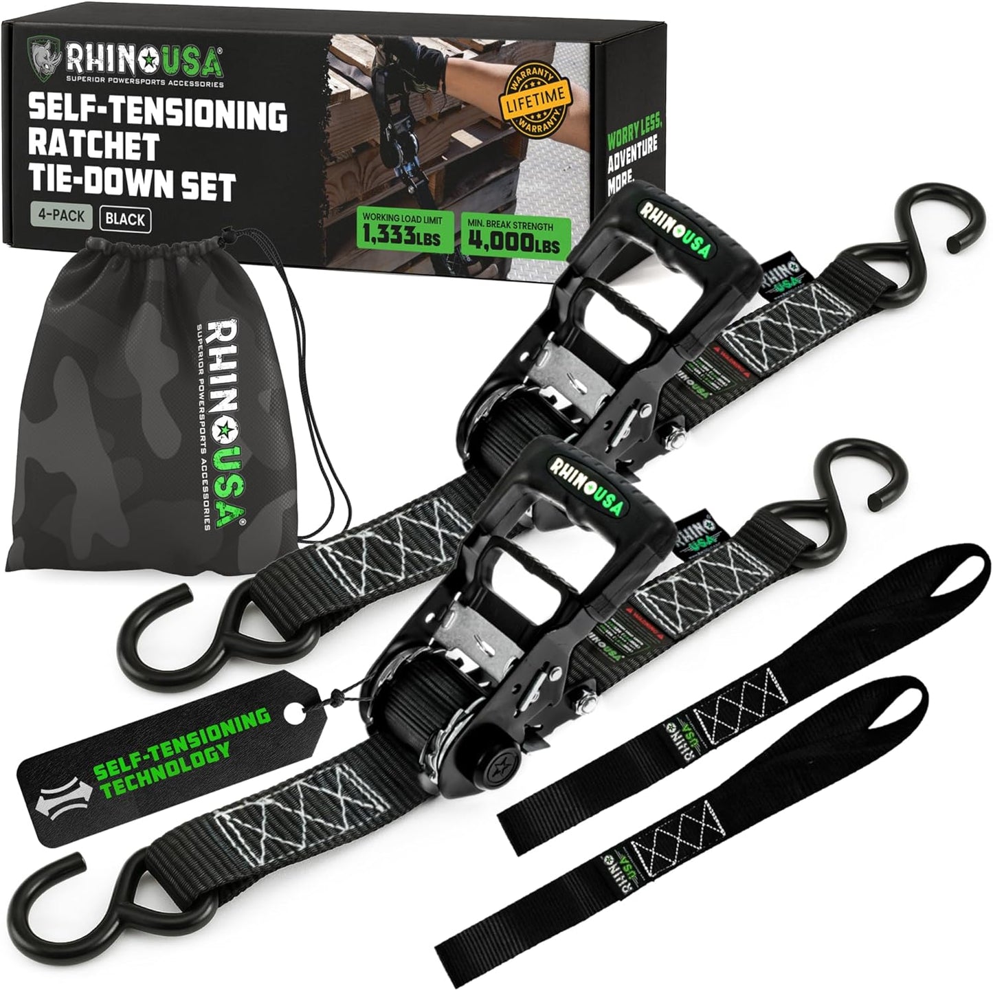 Rhino USA Self Tensioning Ratchet Tie Down Straps for Cargo