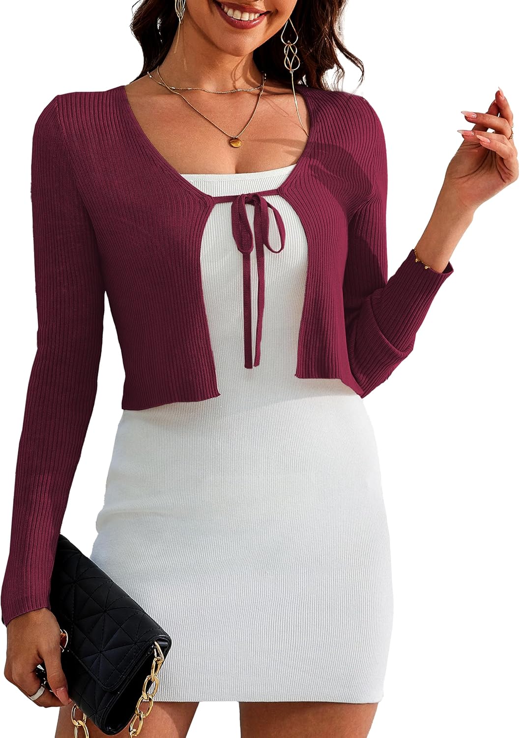 a.Jesdani Women's Tie Front Long Sleeve Rib Knit Shrug Sweater
