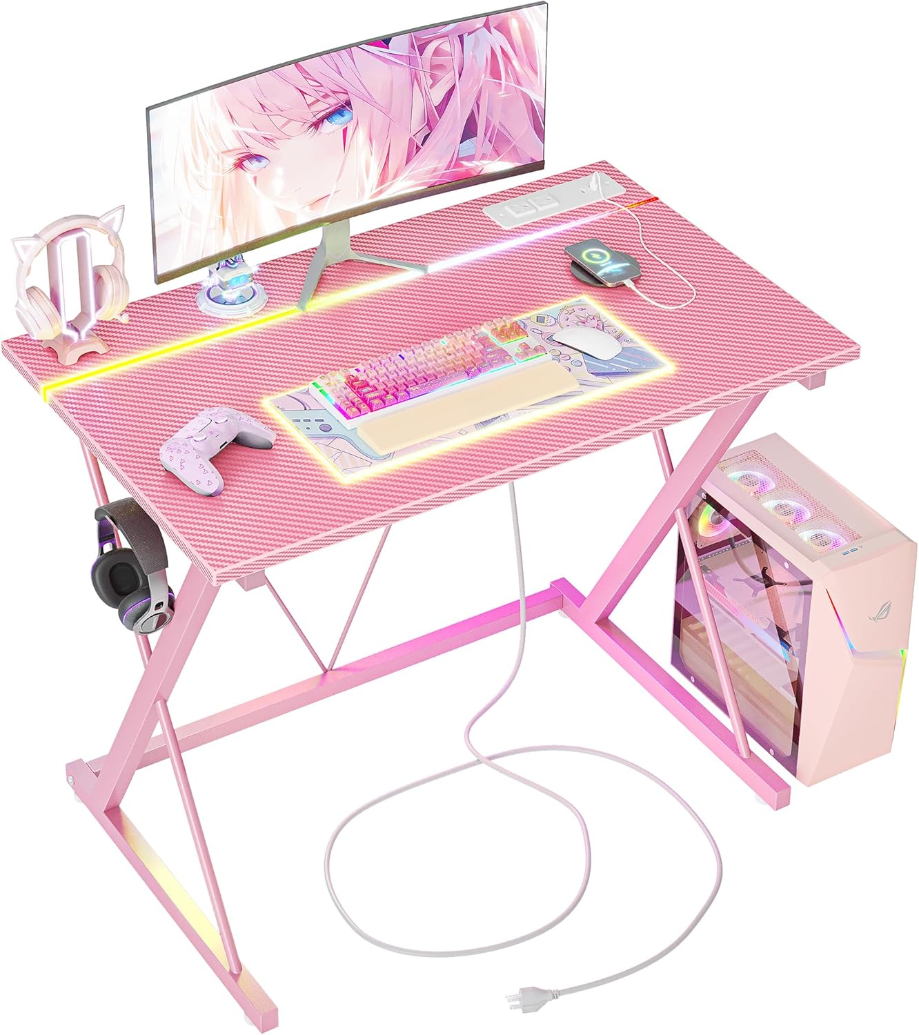TIQLAB Gaming Desk with Power Outlets & LED for Gamers