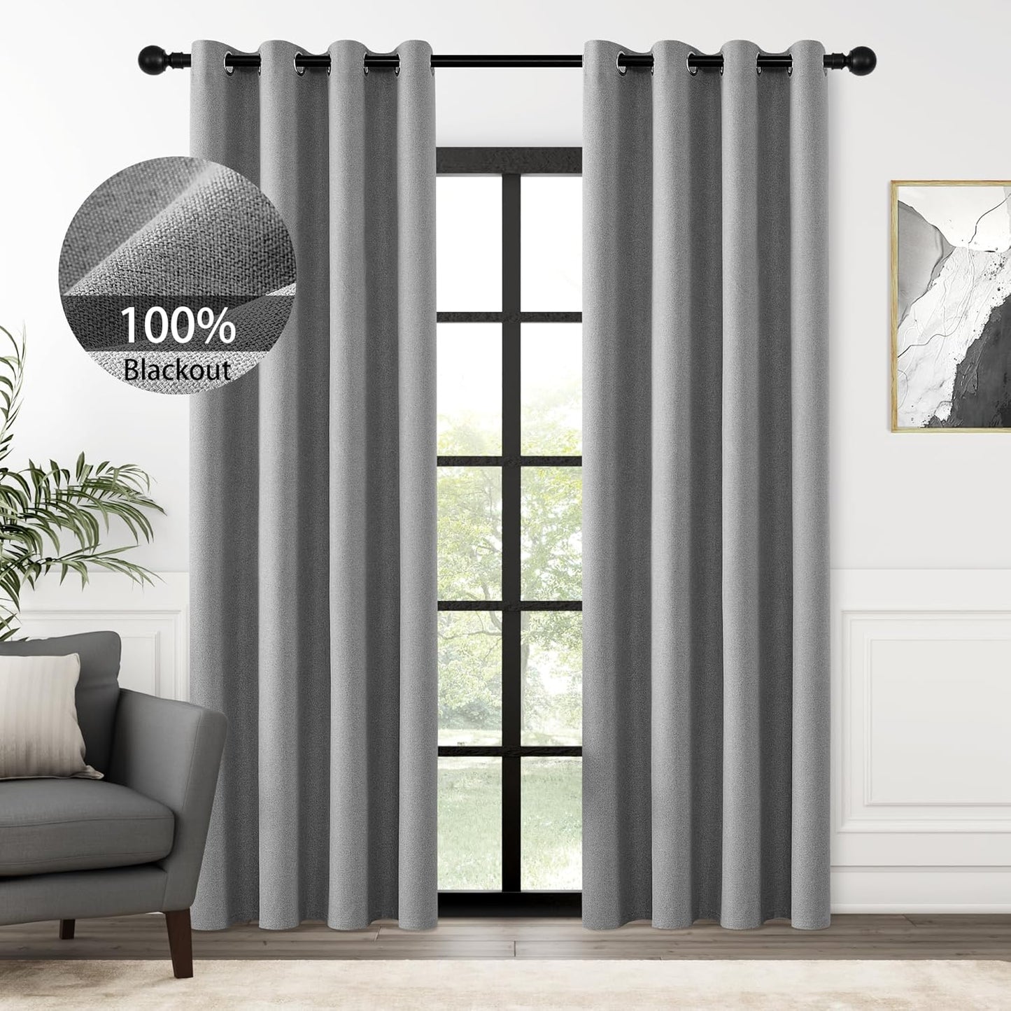 100% Blackout Grey Solid Curtains for Bedroom and Living Room