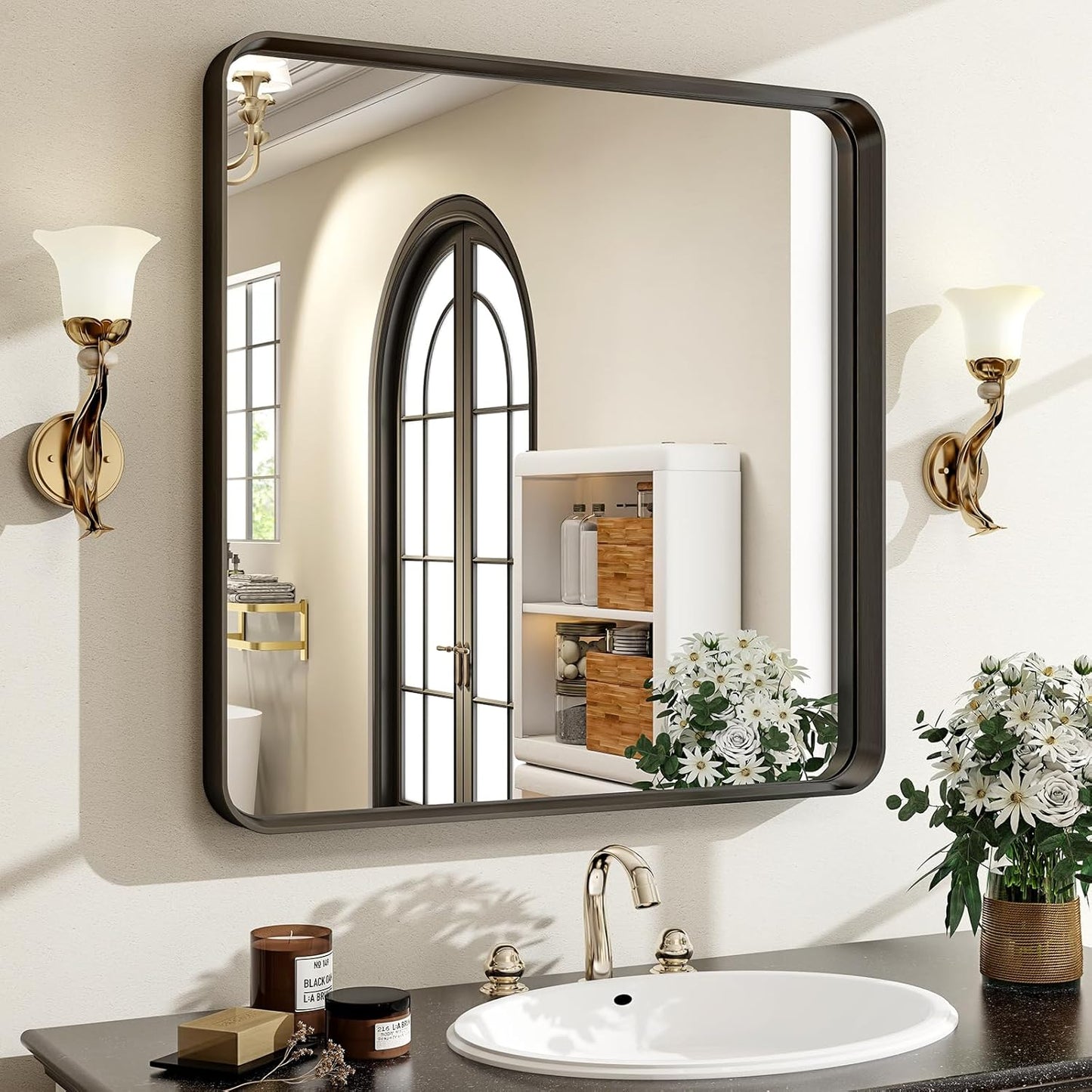 30x30 Black Bathroom Mirror - Modern Aluminum Framed Design