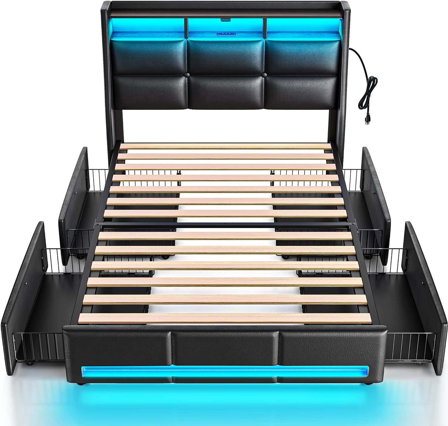 Rolanstar Twin Size Bed Frame with LED Lights and Storage Drawers