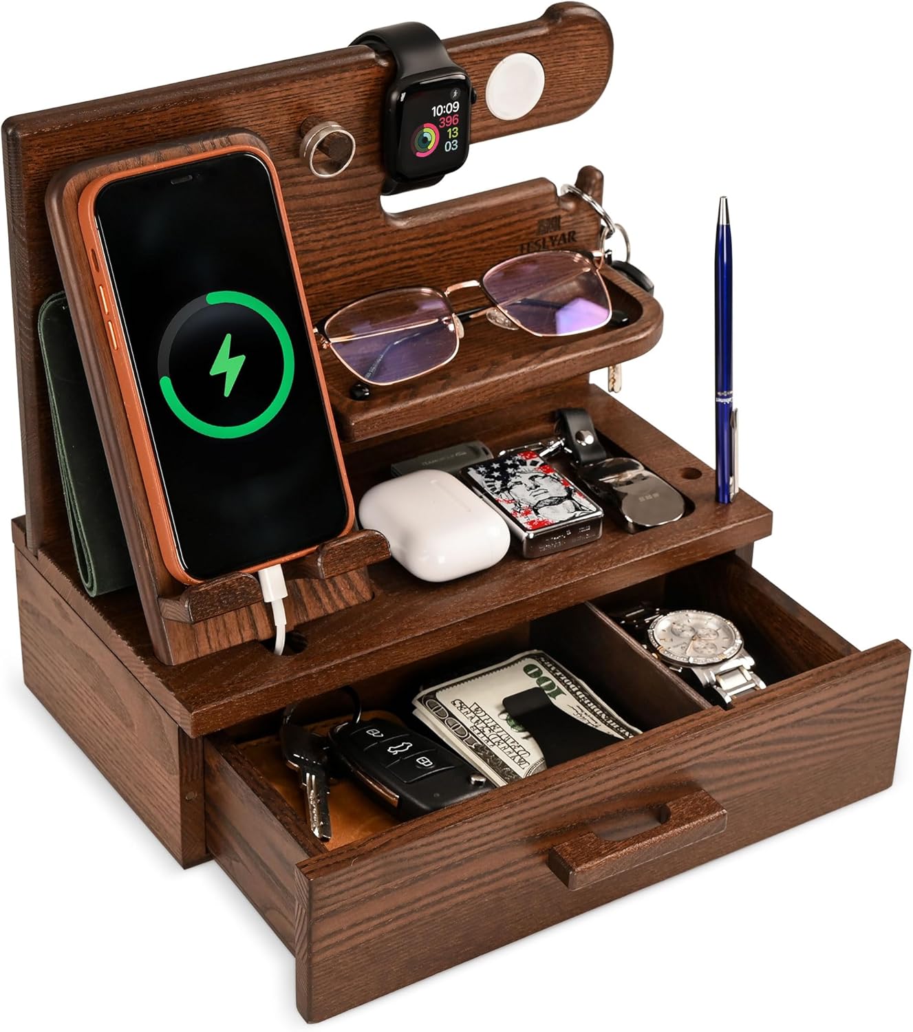 TESLYAR Wood Phone Docking Station - Multifunctional Organizer