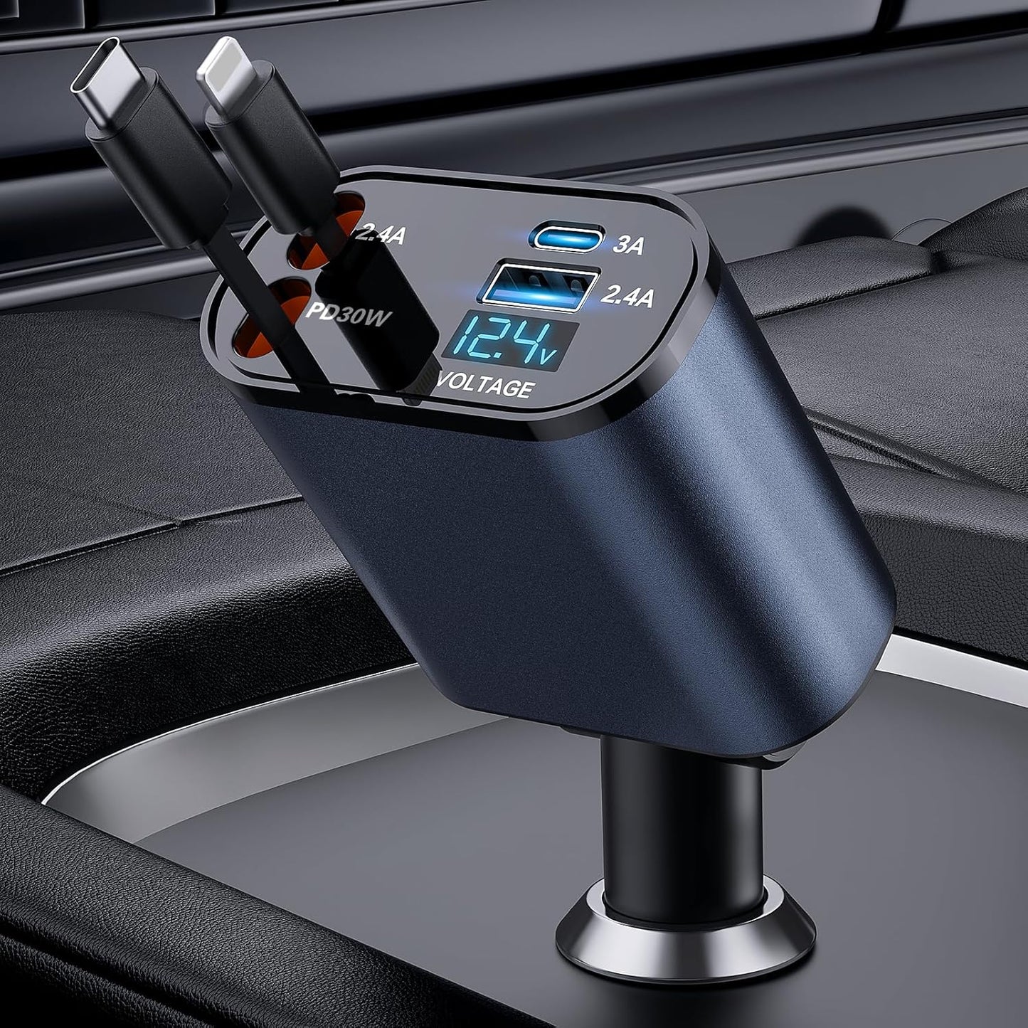 Fast Charge 4-in-1 Retractable Car Charger Gray - iPhone & Samsung Compatible