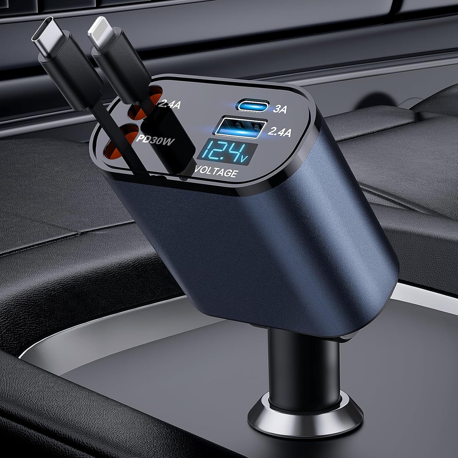 Fast Charge 4-in-1 Retractable Car Charger Gray - iPhone & Samsung Compatible