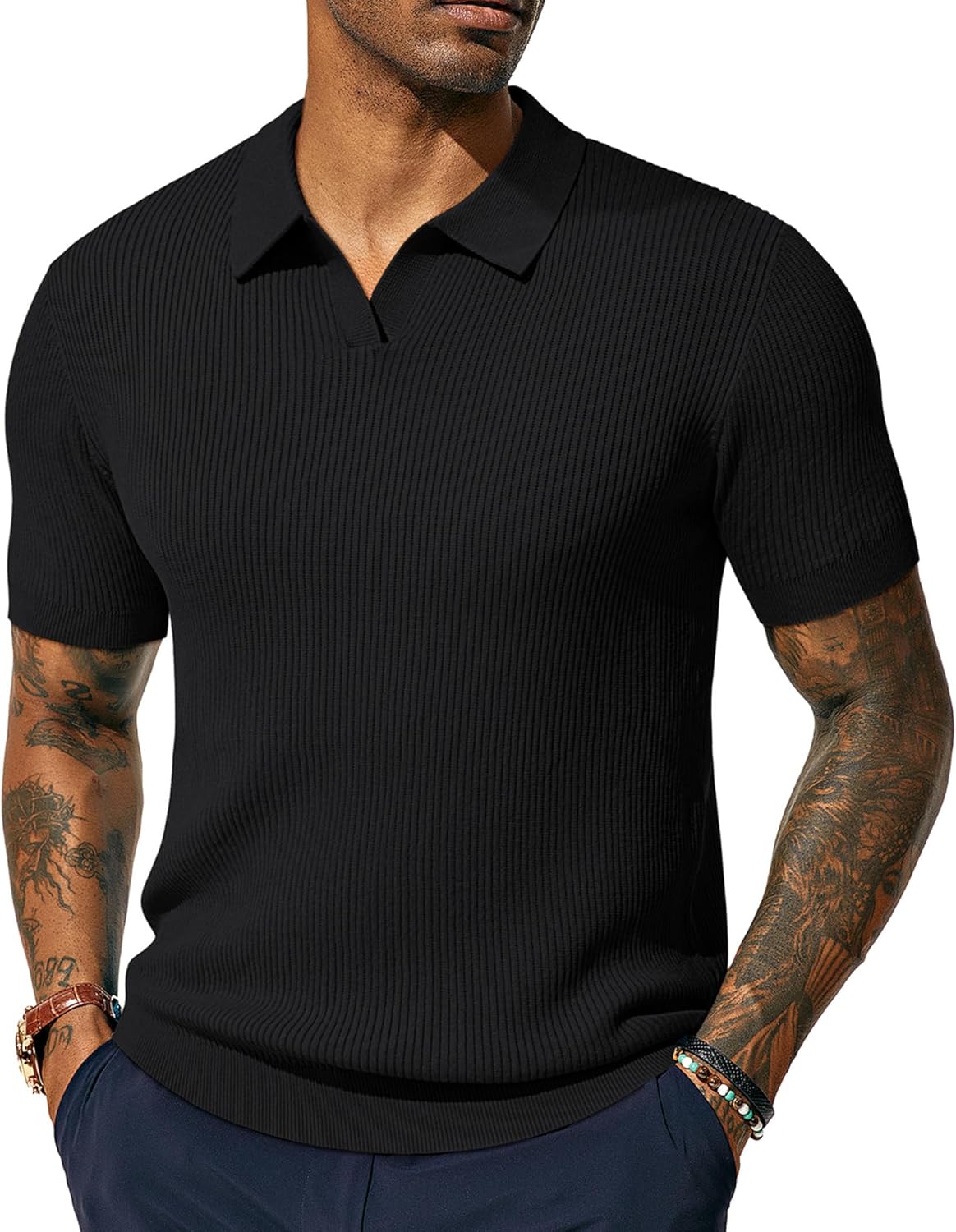PJ PAUL JONES Mens V Neck Knit Polo Shirt for Casual Style