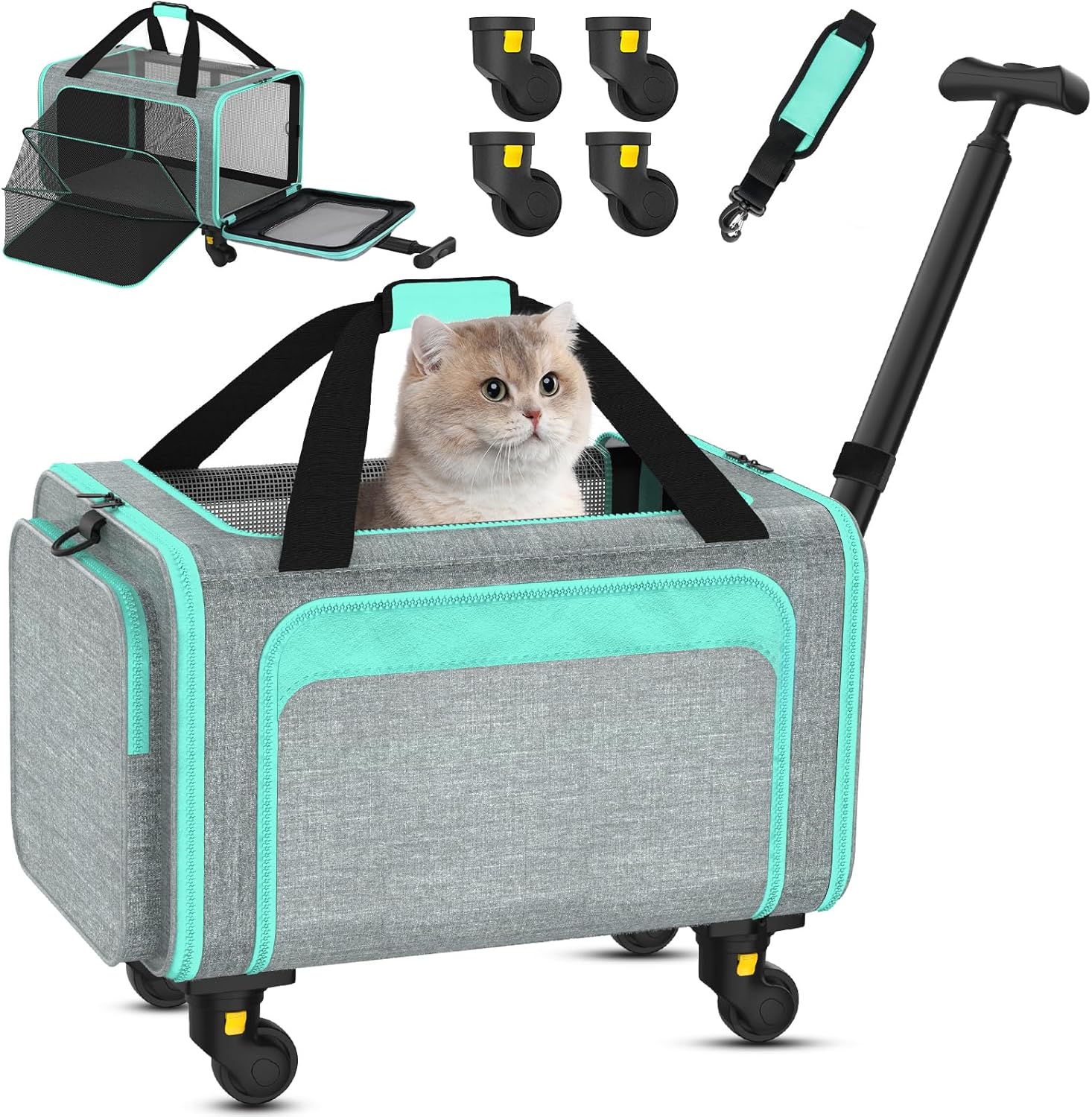 3-in-1 Pet Carrier with Wheels for Small Cats Up to 15Lbs