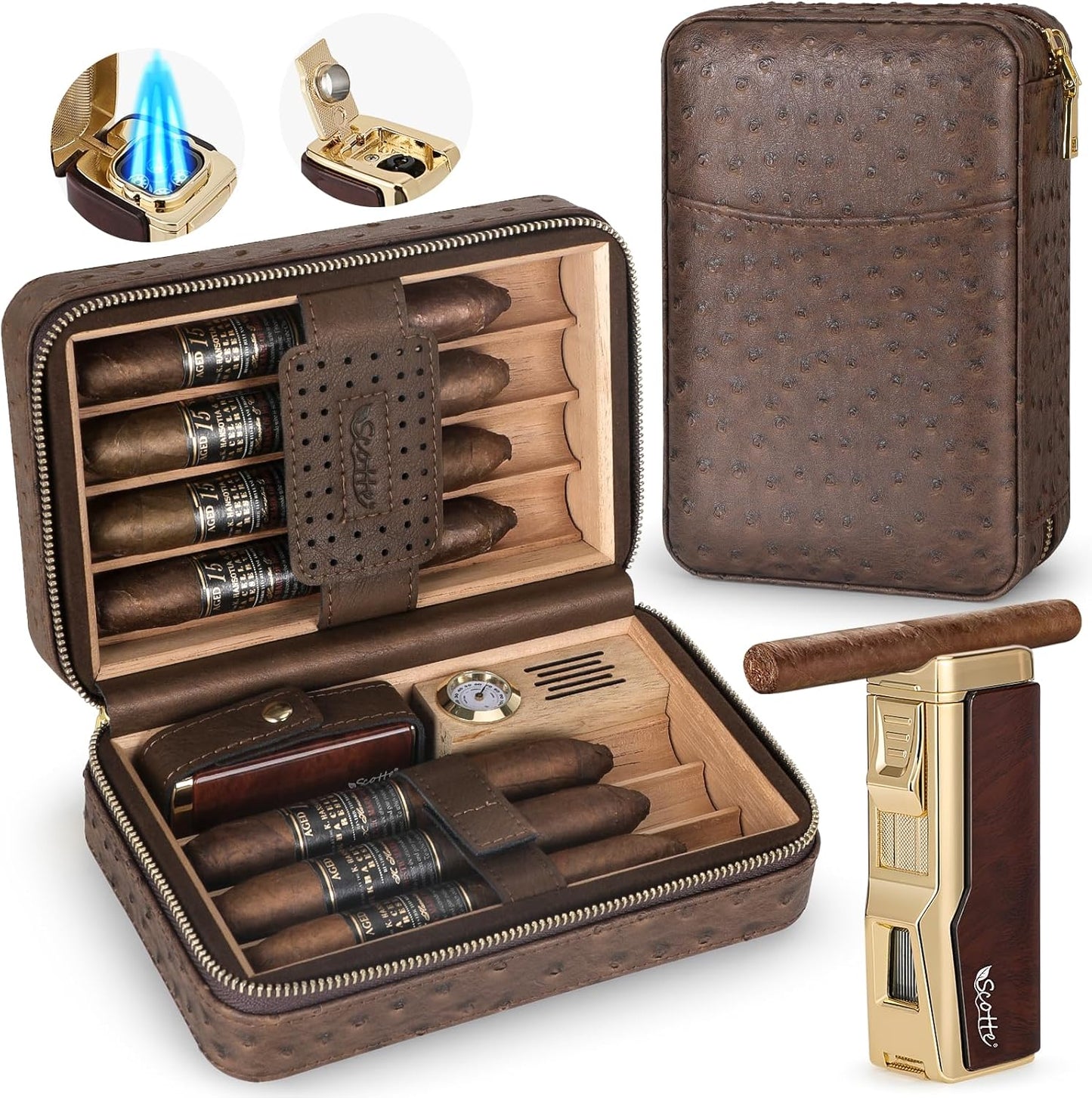 Scotte Cigar Humidor Box with Leather Case and Torch Lighter