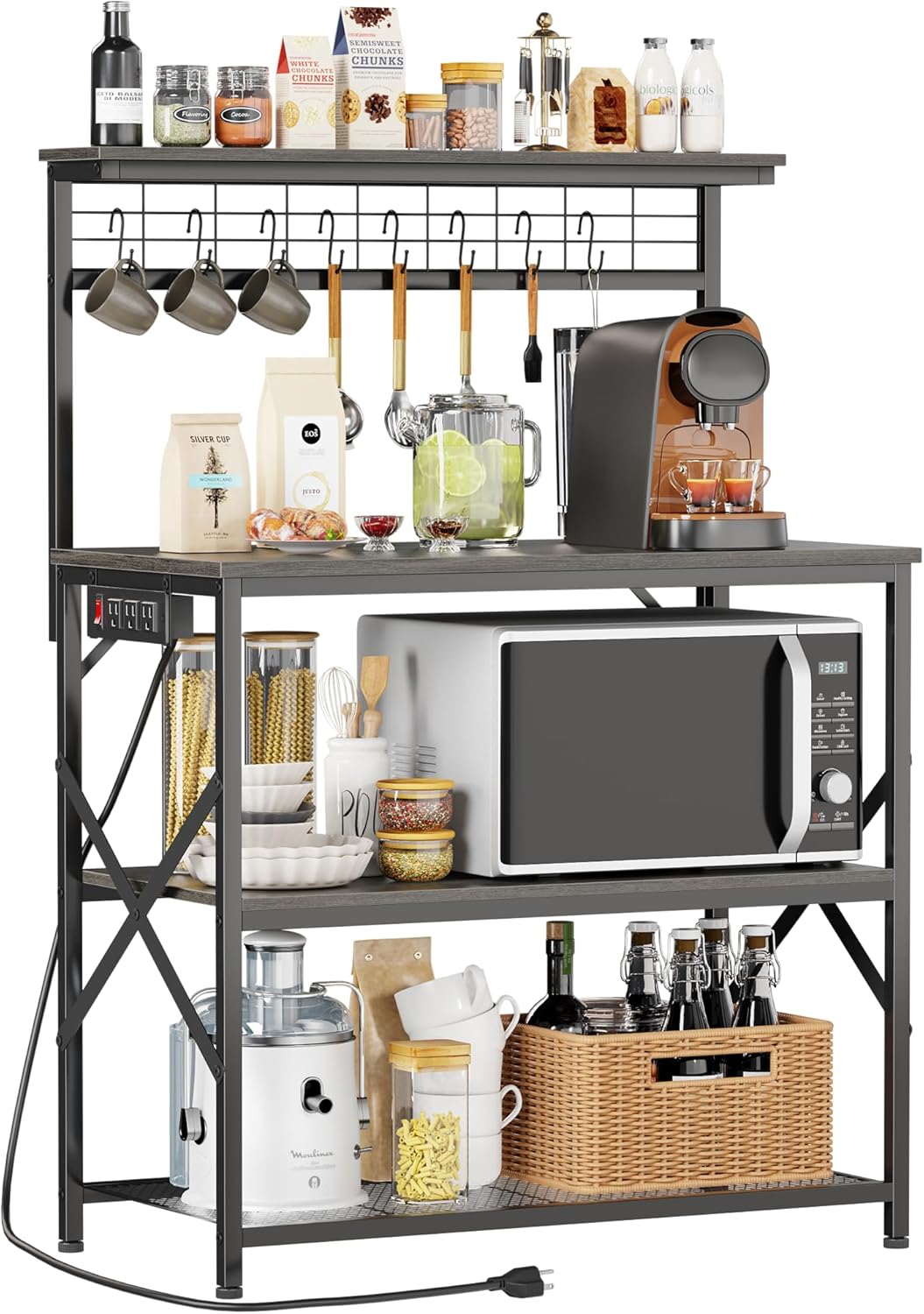 Furologee Kitchen Bakers Rack with Power Outlet and Storage
