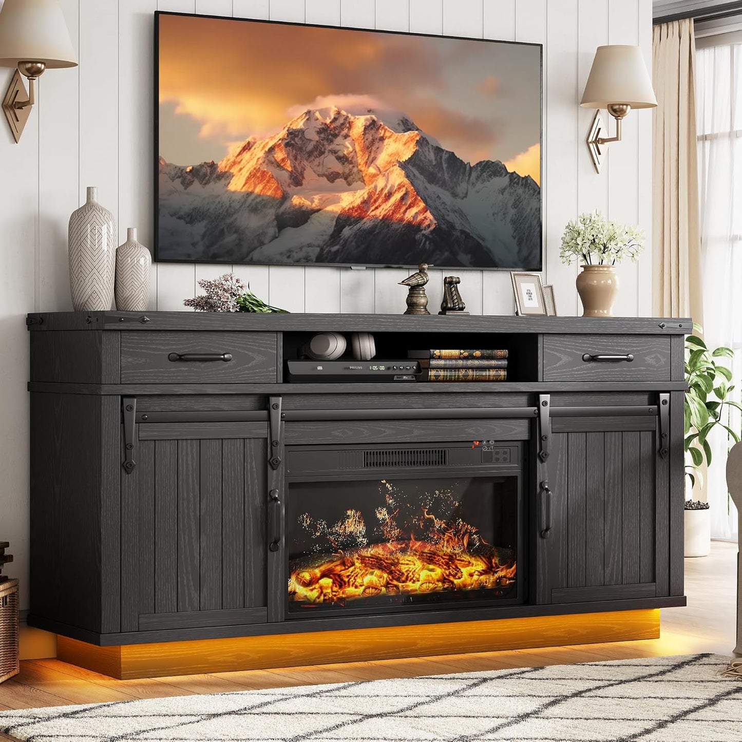 59 Inch Fireplace TV Stand with 3D Flame Electric Heater