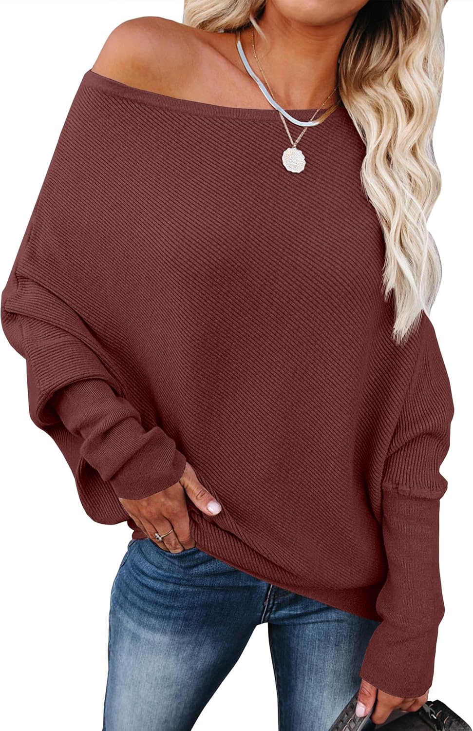 Womens Off Shoulder Sweaters for Fall - Loose Fit Knit Tops