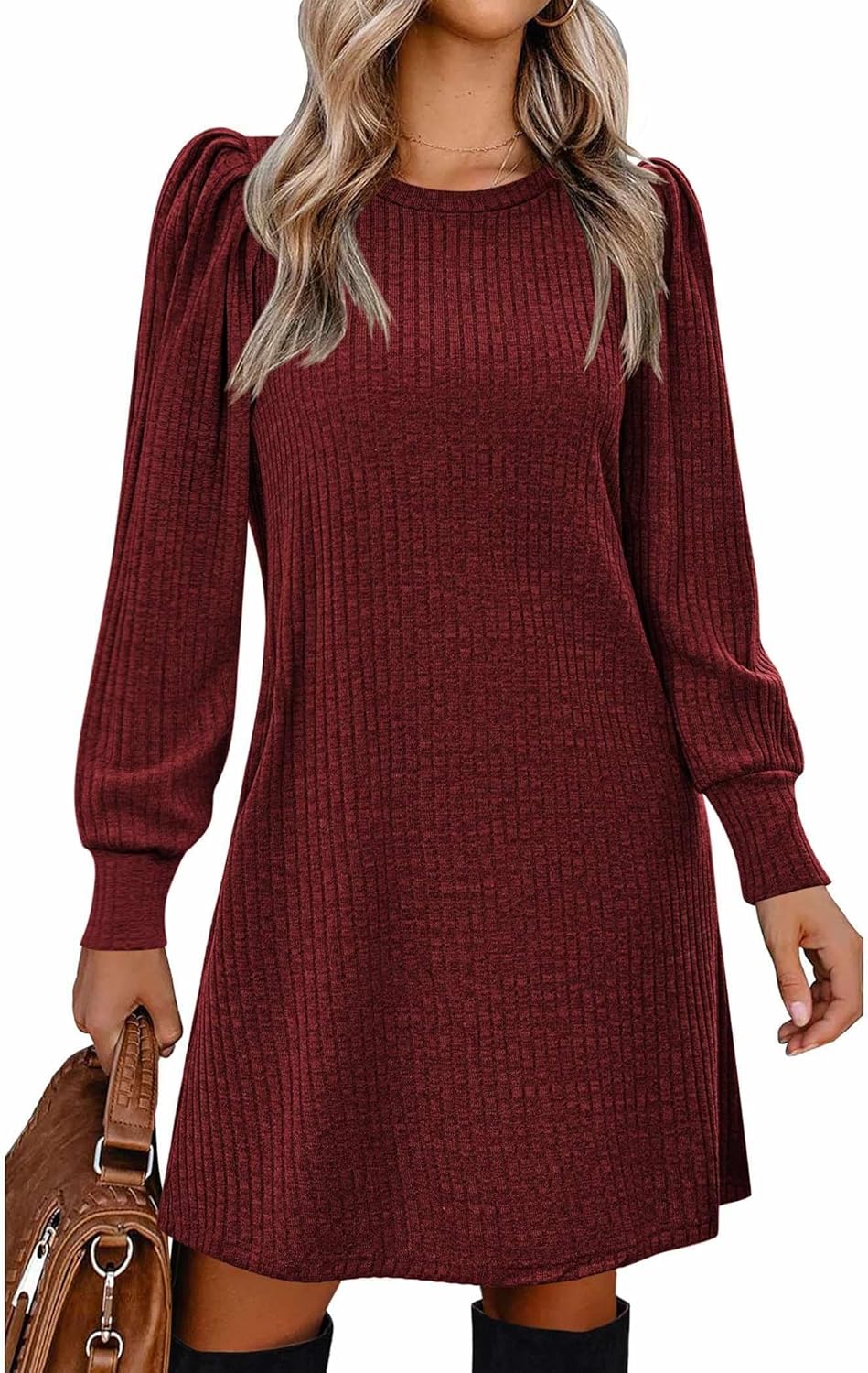 Stylish Women's Knit Dress with Puff Sleeves for Fall Fashion