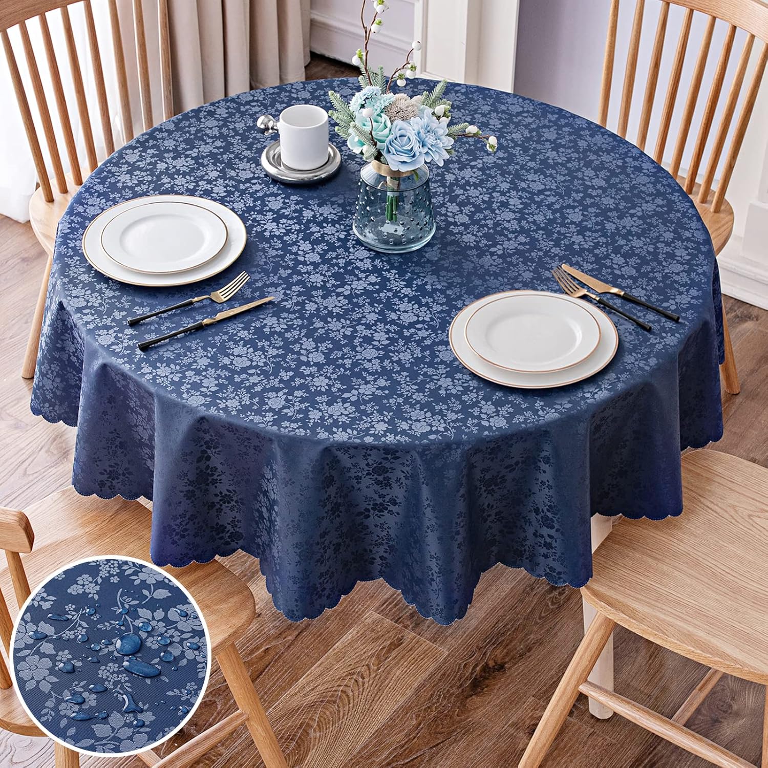 Smiry Round Table Cloth - Waterproof Vinyl Table Cover 60 in
