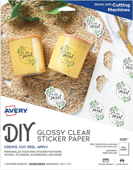 Avery Clear Printable Sticker Paper - 7 Sheets for Laser & Inkjet - Glossy Finish