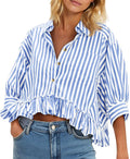 Cicy Bell Cropped Striped Button Down Shirt - Ruffle 3/4 Sleeve