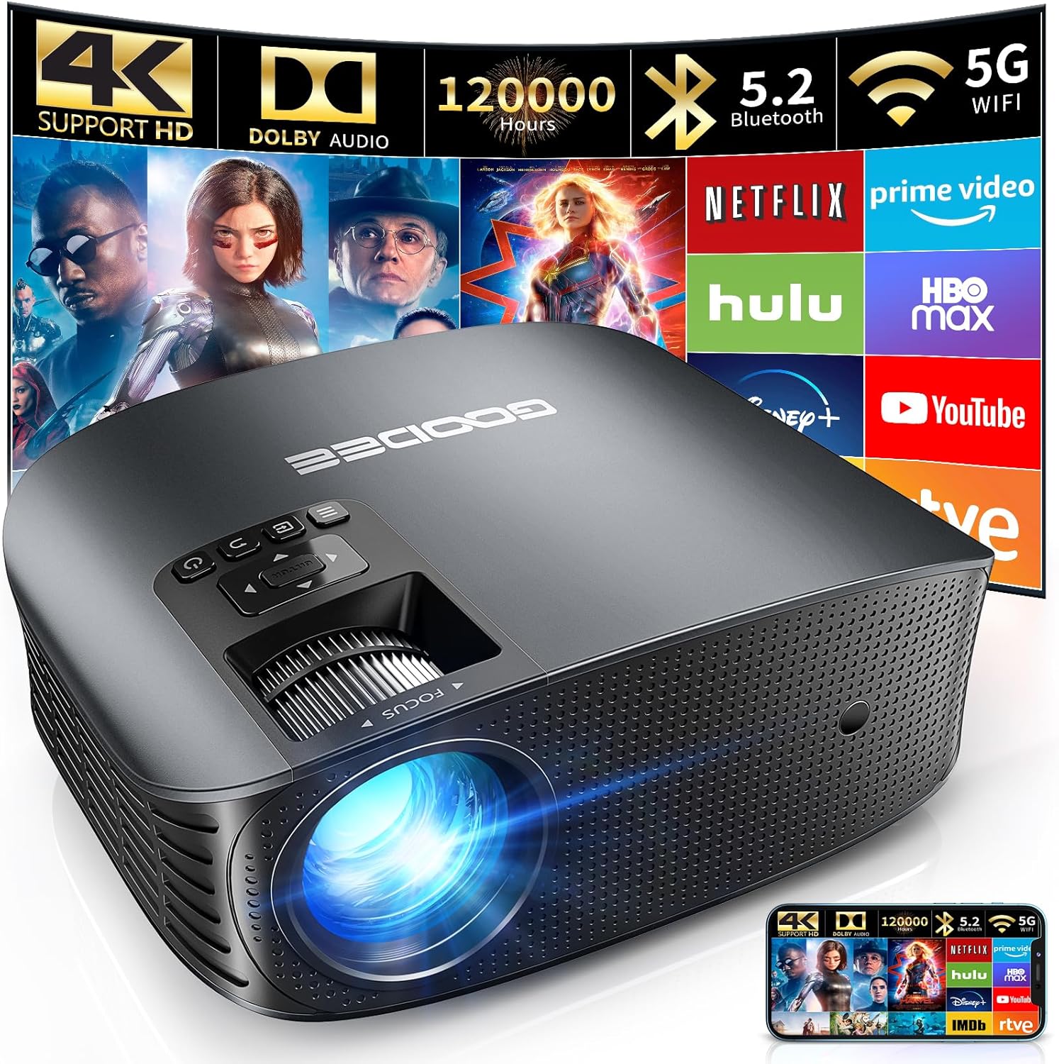 GooDee 4K WiFi Bluetooth Projector: FHD Outdoor Movies!