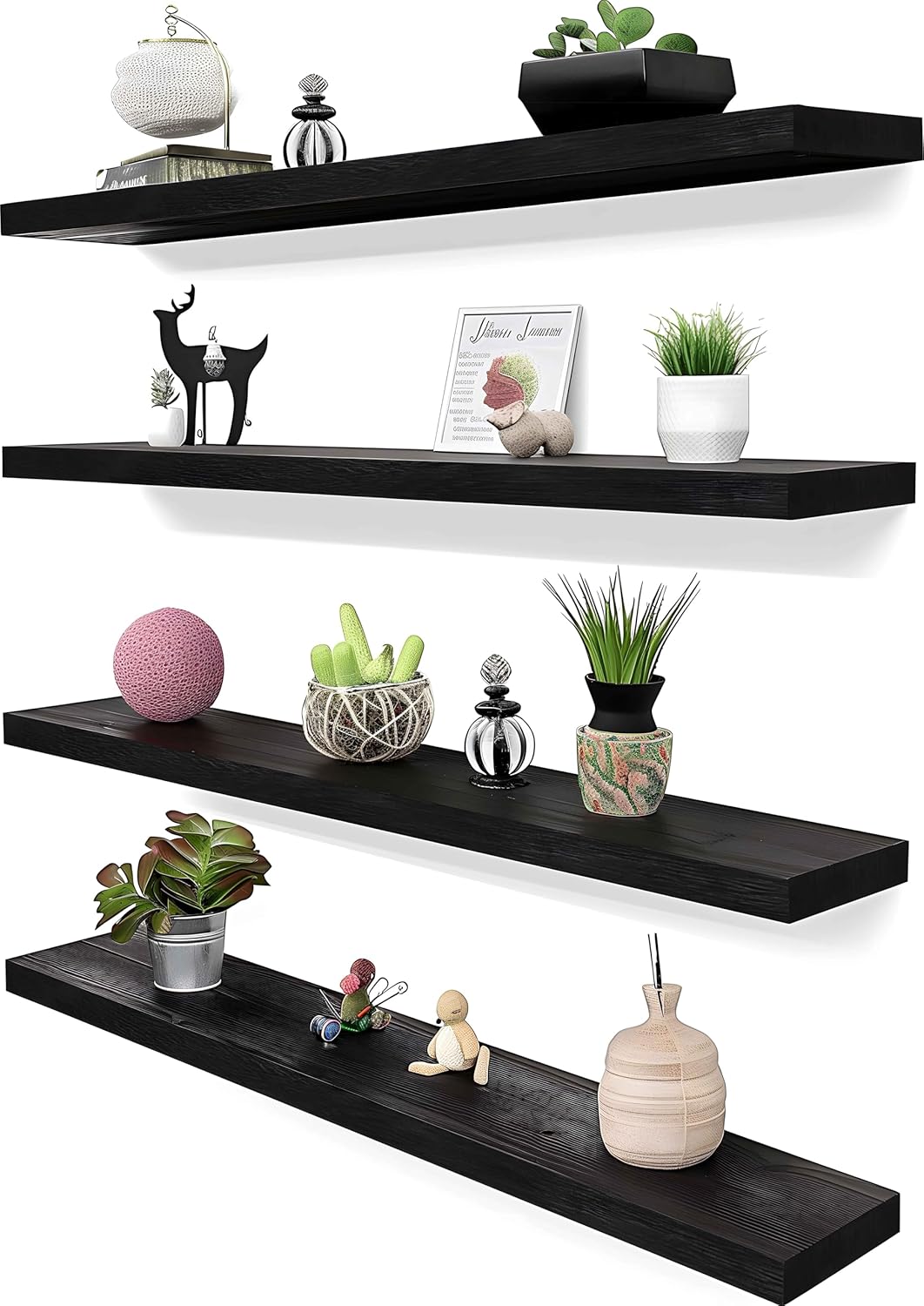 36 Inch Black Wood Floating Shelves for Wall - Rustic Set of 4