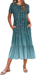 Women Summer Midi A Line Dress - Tiered Flowy Sundress with Pockets