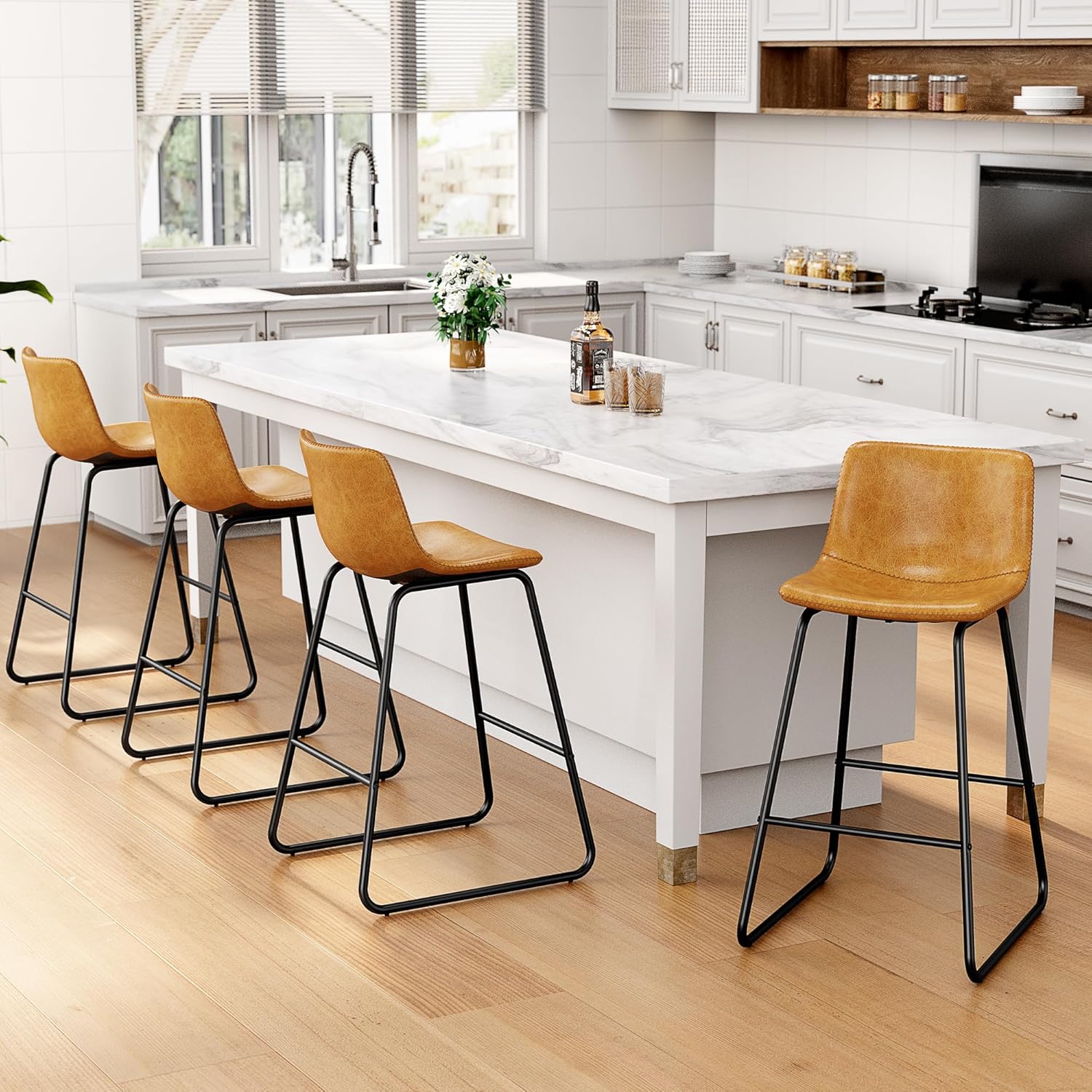 Modern Faux Leather Bar Stools Set of 4 for Kitchen Island