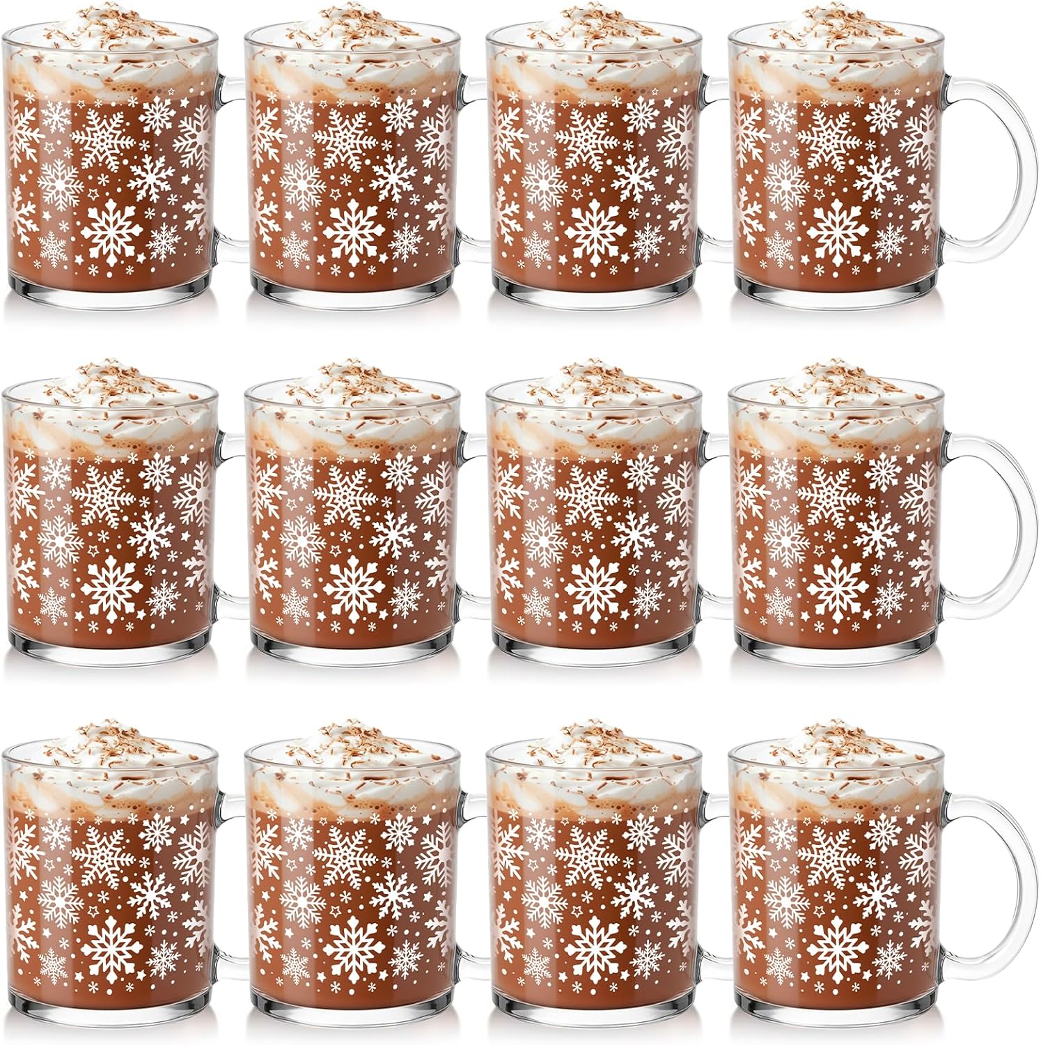 Winter Glass Mugs Set for Holiday Drinks - 12 Pcs Coffee Cups