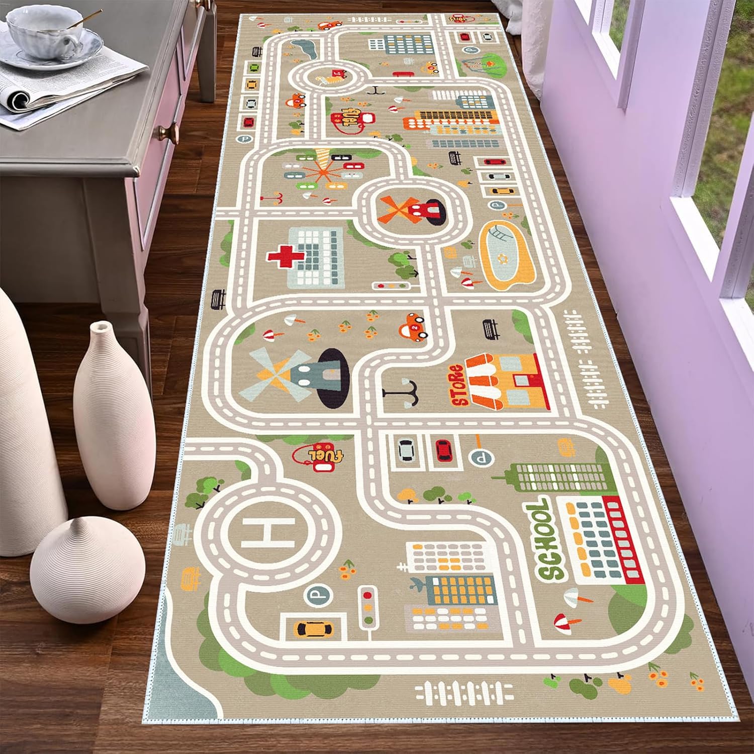 Kids Car Train Rug for Playroom, Non Slip Playmat 2ft x 10ft