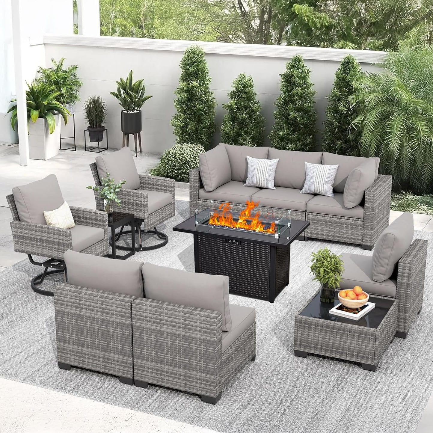 11 Pieces Patio Furniture Set with Swivel Chairs & Fire Pit