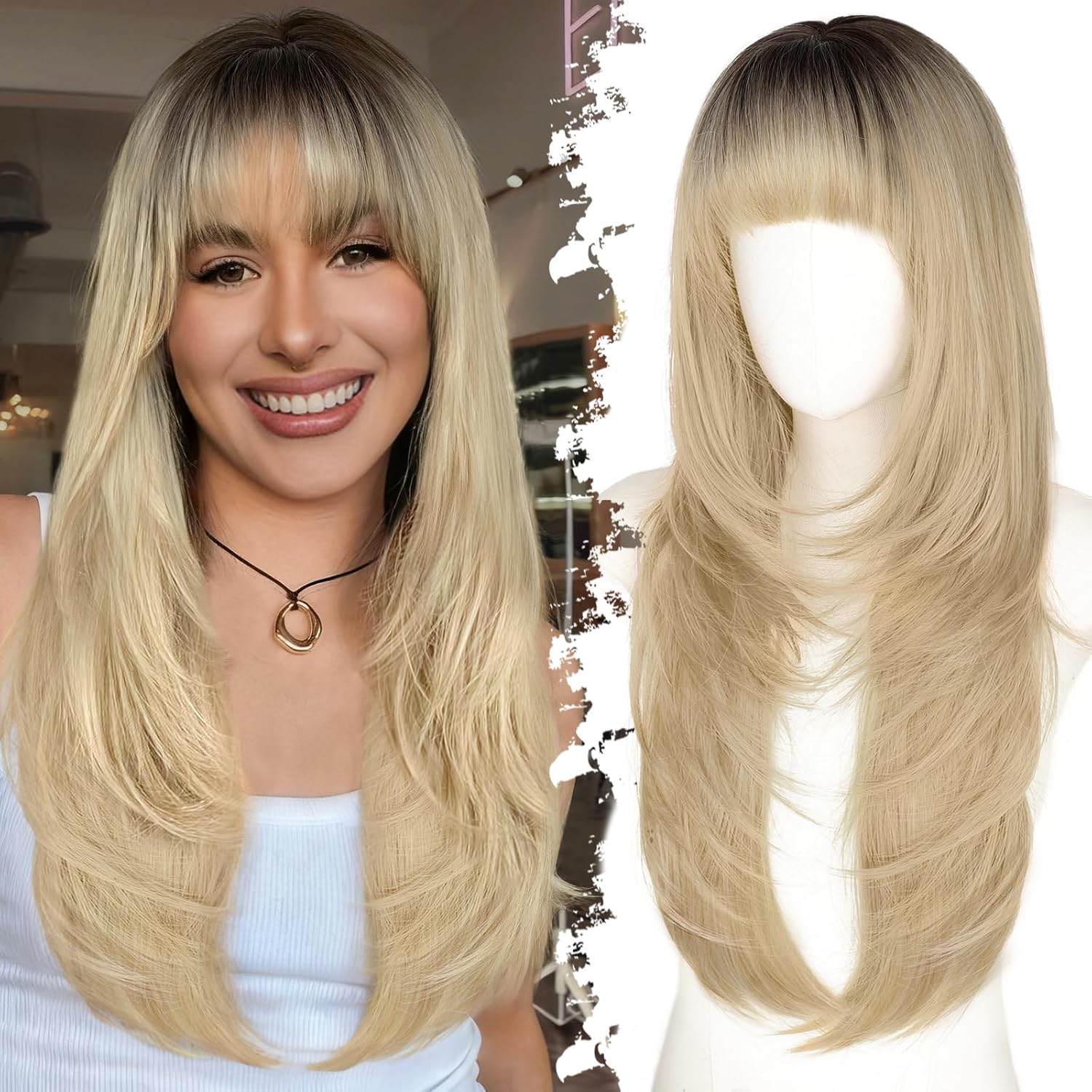 Long Blonde Wig with Bangs for Women - Stylish 26 Inch Look