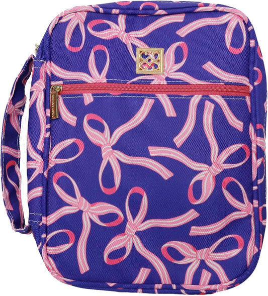 Regal Blue Pink Bows Canvas Bible Cover with Handle by Mary Square