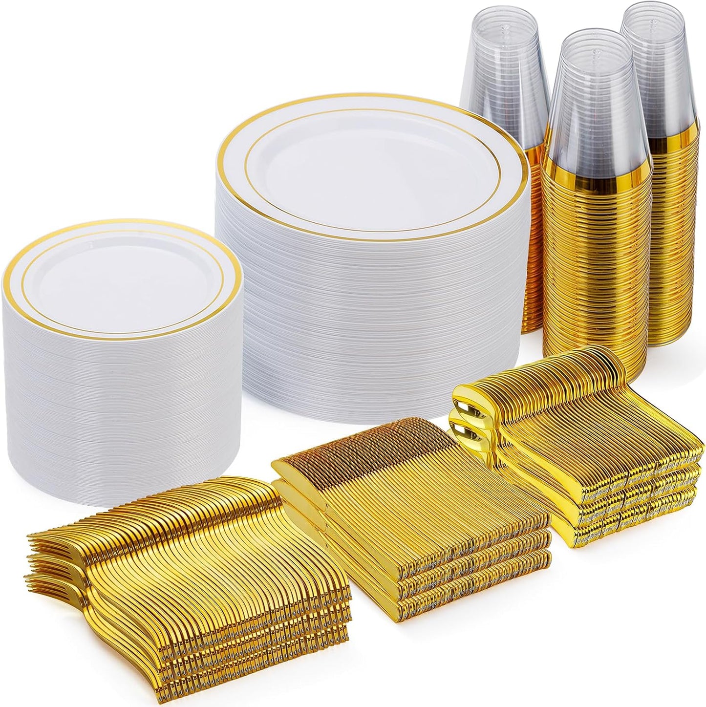 Goodluck 600pc Gold Disposable Dinnerware Set - Perfect for 100 Guests!