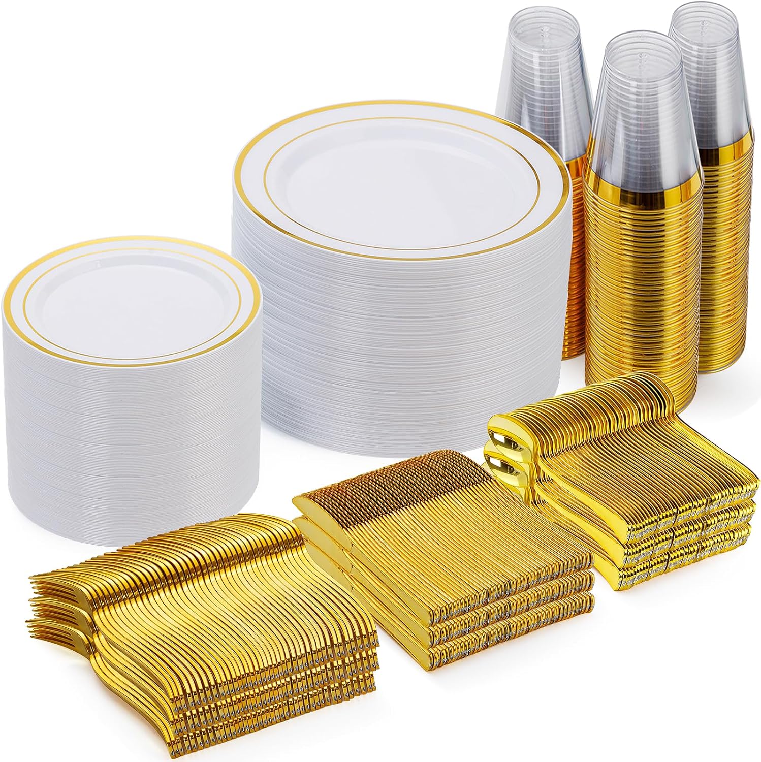 Goodluck 600pc Gold Disposable Dinnerware Set - Perfect for 100 Guests!