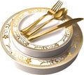 White and Gold Floral Fancy Plastic Plates and Silverware Set