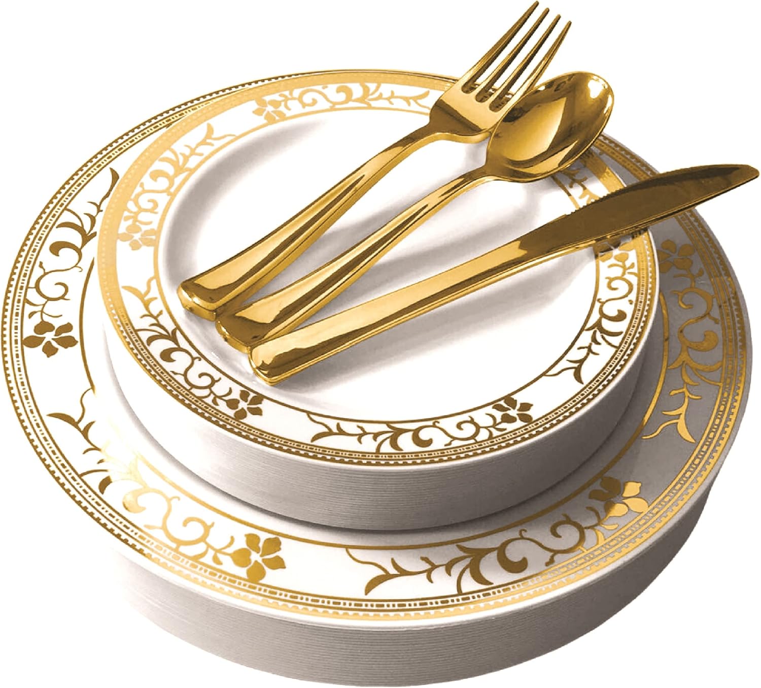 125-Piece White and Gold Floral Fancy Plastic Plates Set