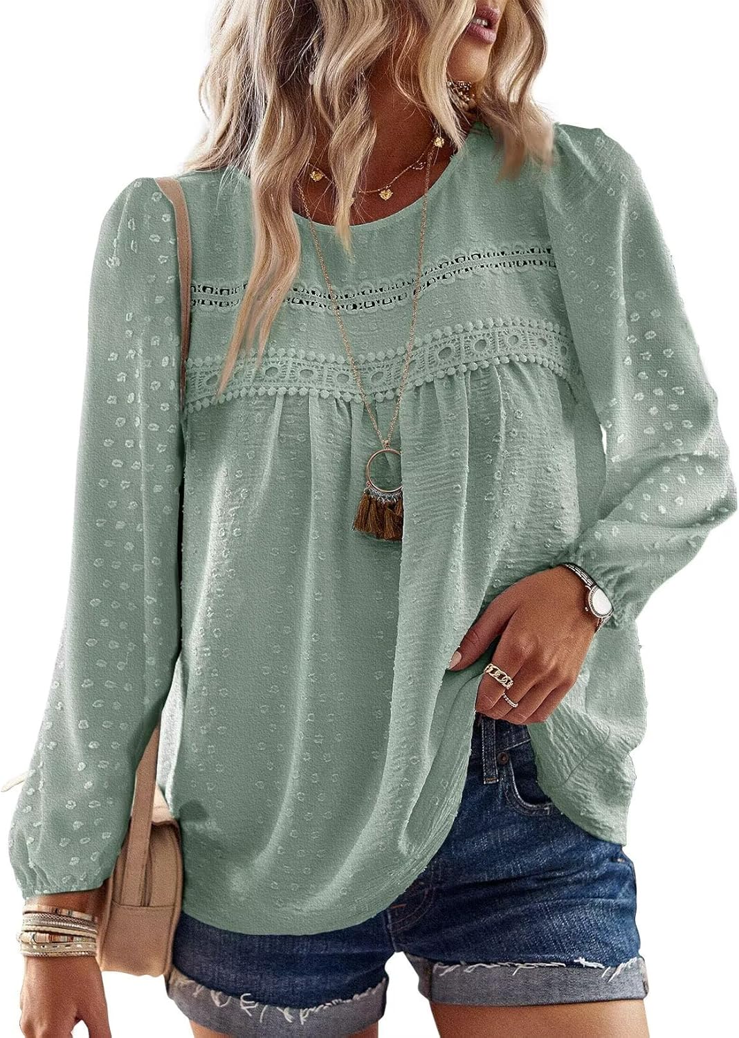 Womens Fall Tops Crewneck Long Sleeve Casual Chiffon Blouses