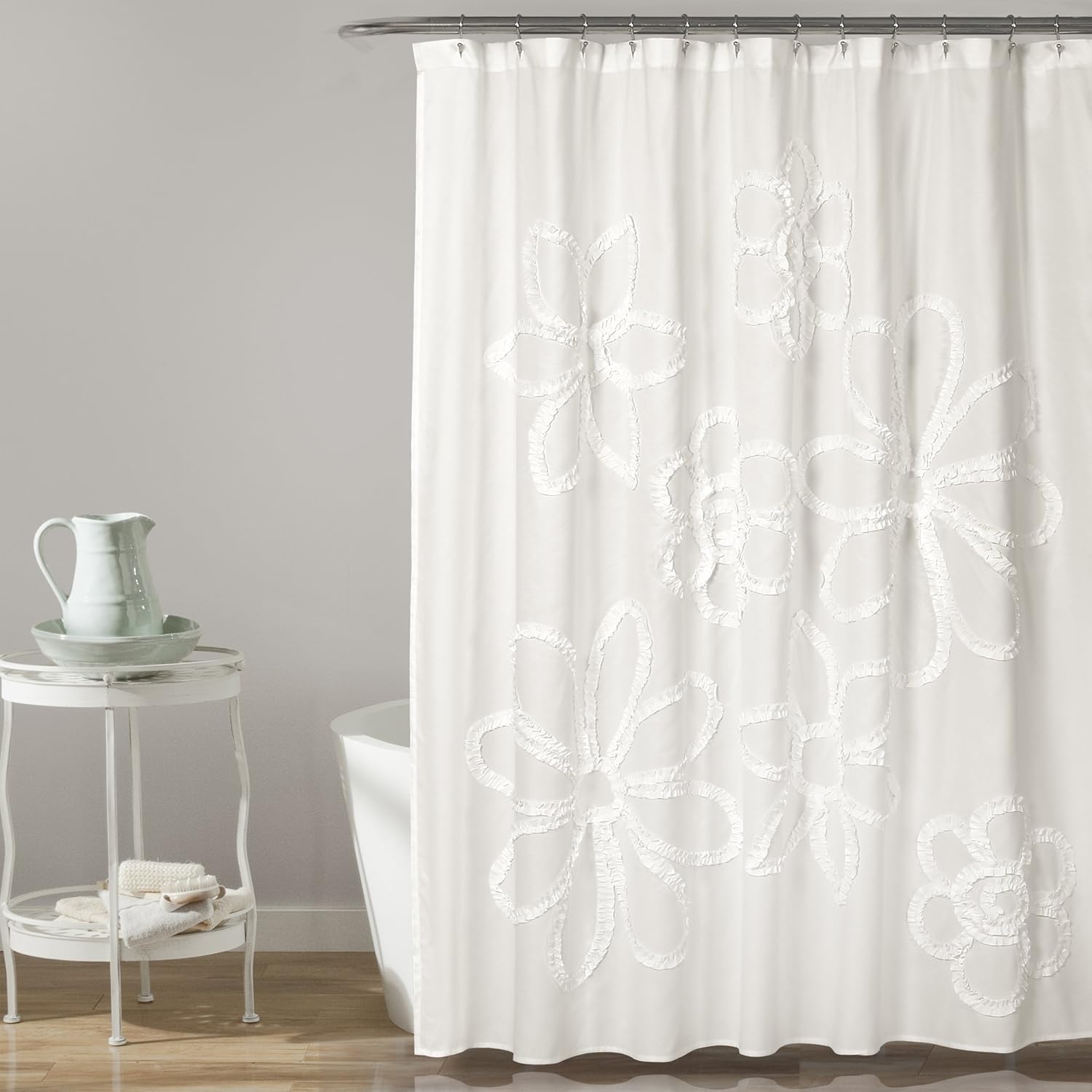 Ruffle Flower Shower Curtain - Elegant White Design