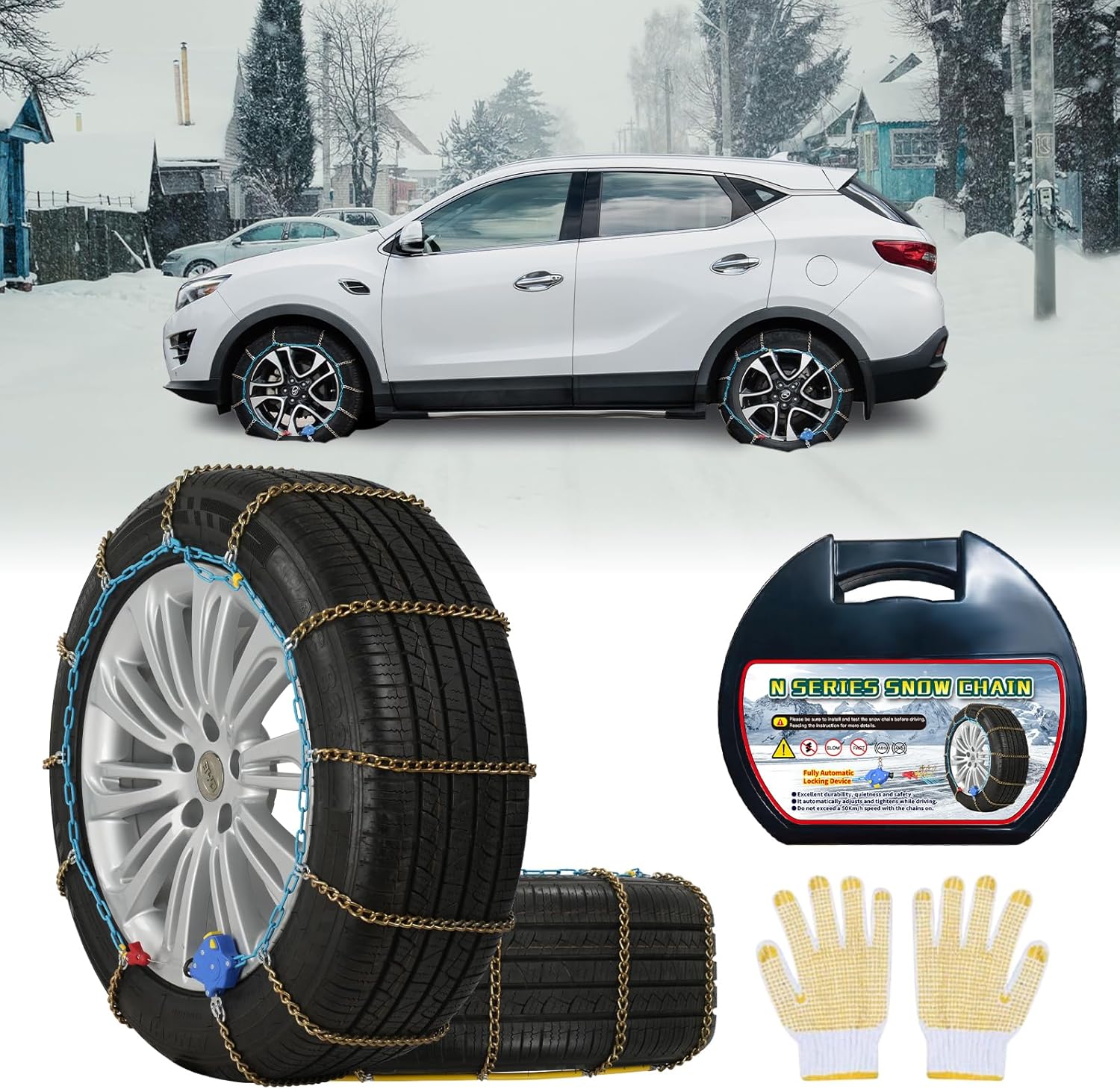 Auto Tightening Snow Chains for Cars, SUVs, and Trucks
