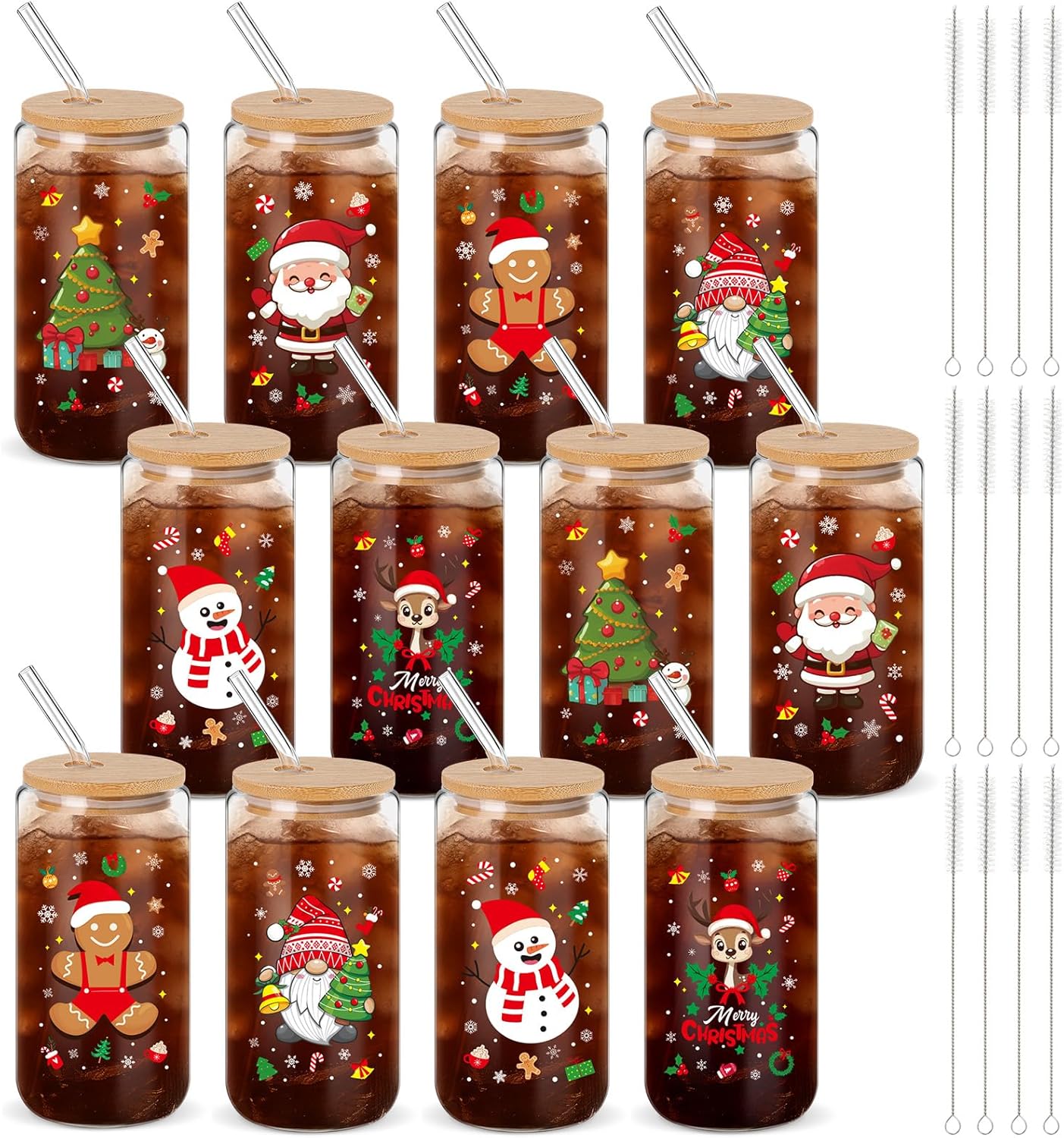 12 Pack Christmas Glass Cups Set for Holiday Celebrations