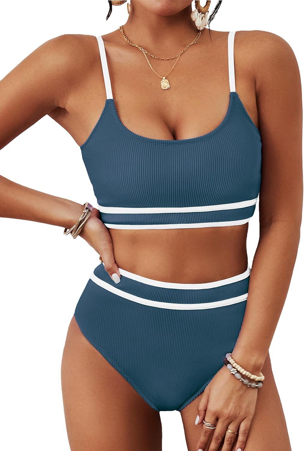 BMJL Women's High Waisted Bikini Ribbed Two Piece Swimsuit