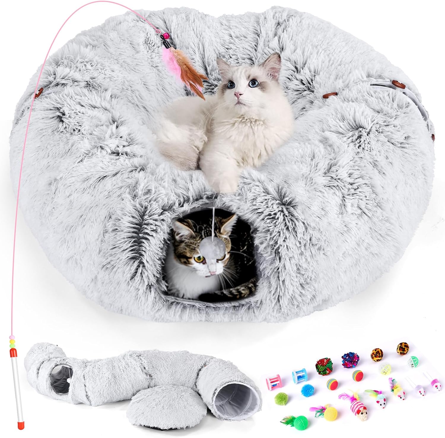 Odoland Cat Tunnel Bed - Cozy Plush Cat Furniture with Toys