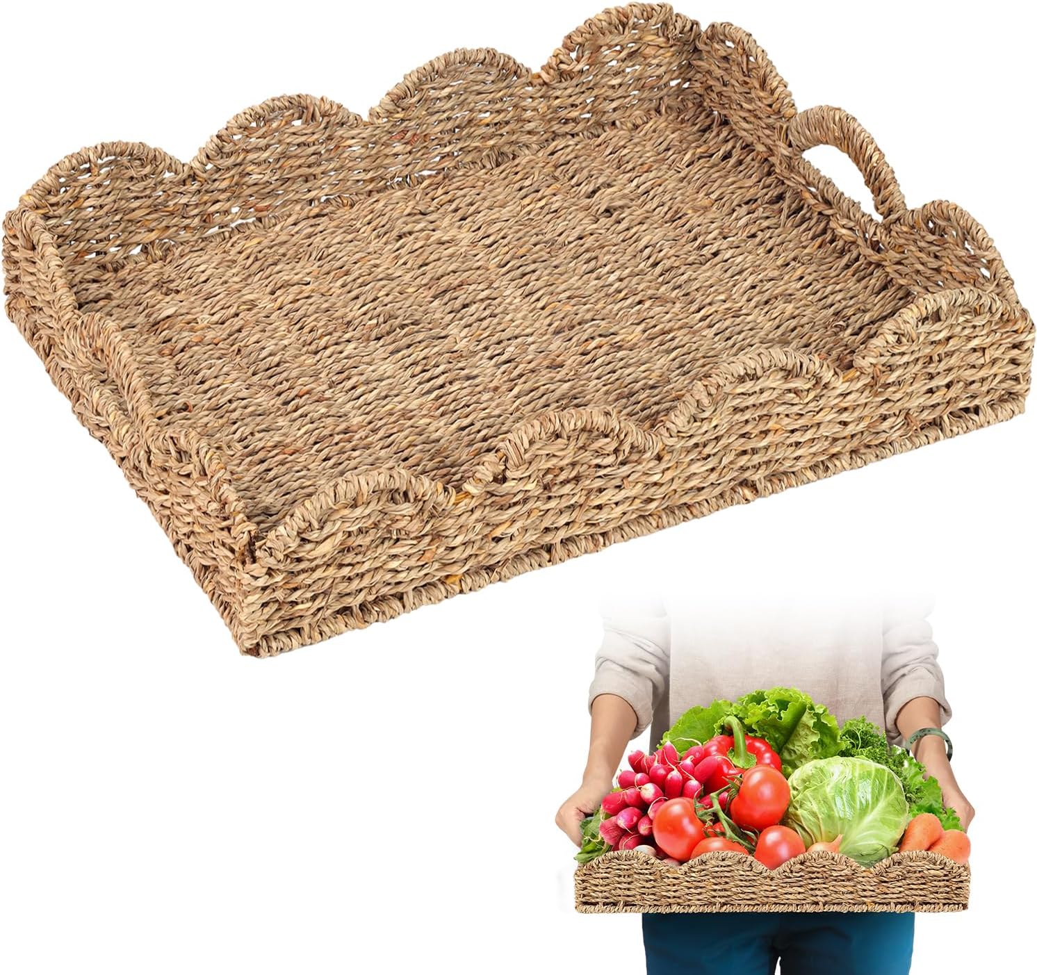 Seagrass Serving Tray with Scalloped Edge and Handles for Storage