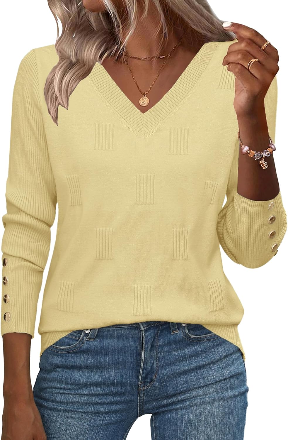 Stylish V Neck Lightweight Ribbed Knit Pullover Sweater for Women