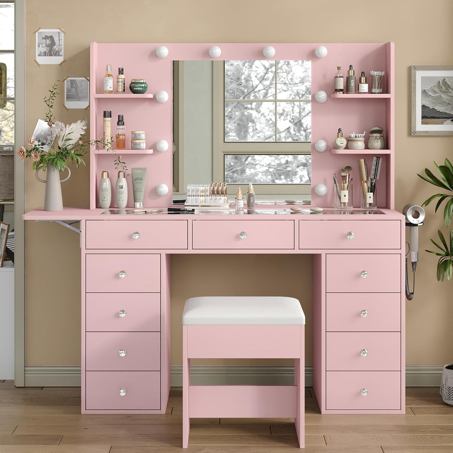 Vanity Desk with Power Outlet and Lighted Mirror for Makeup